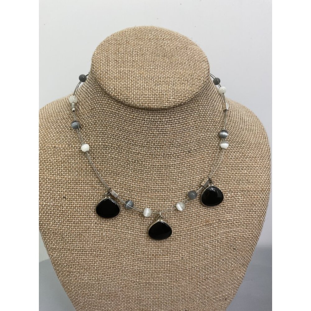 Silver & Black Bead Necklace With Dangling Stones